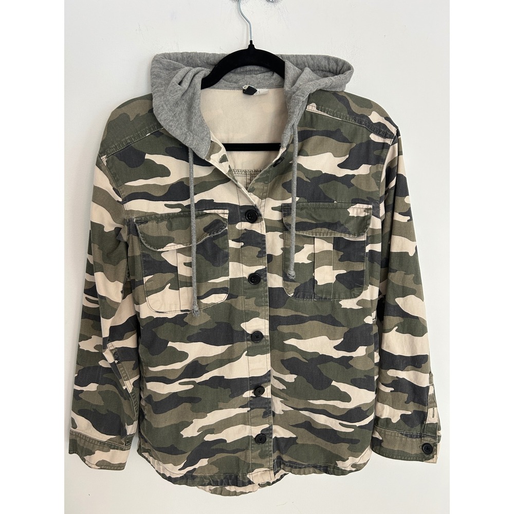 H&M Divided Camo Utility Jacket Hooded Button Front Camouflage Green Women Small
